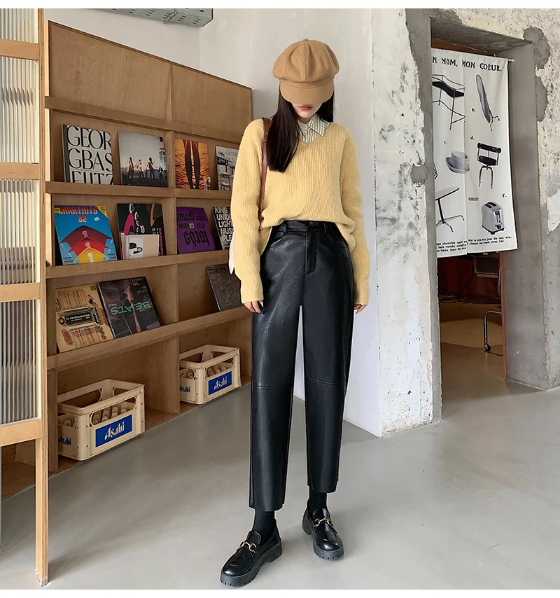 QOERLIN Fall Winter PU Leather Pants Women Elegant High Waist Pockets Faux Leather Harem Pant Female Back Elastic Waist Trousers