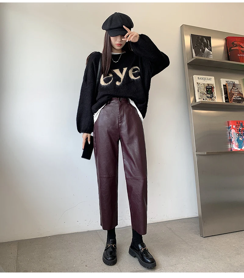 QOERLIN Fall Winter PU Leather Pants Women Elegant High Waist Pockets Faux Leather Harem Pant Female Back Elastic Waist Trousers