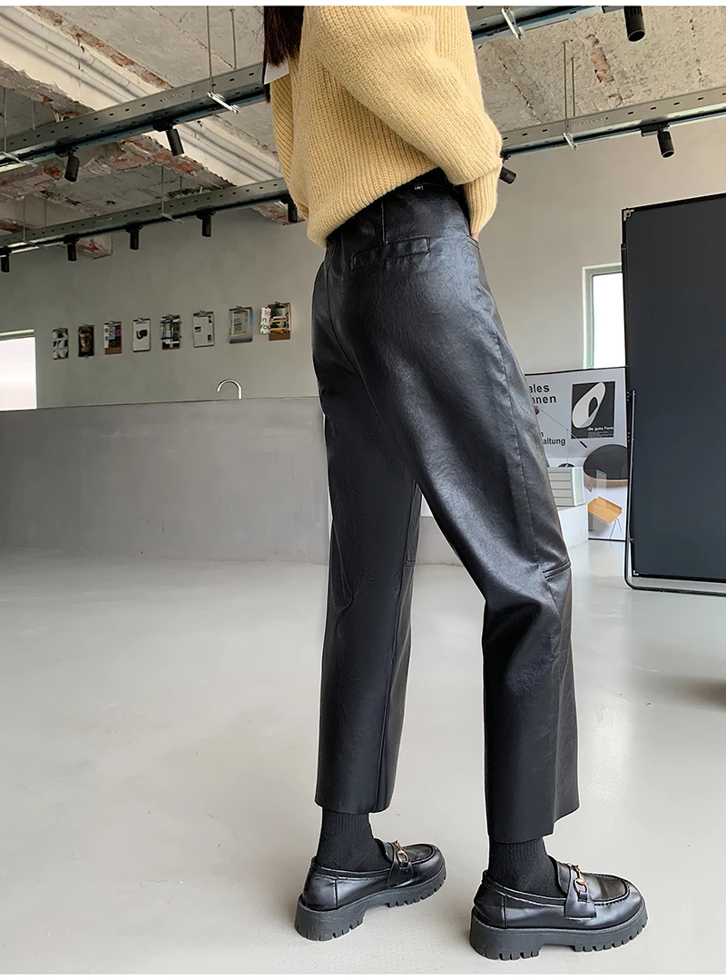 QOERLIN Fall Winter PU Leather Pants Women Elegant High Waist Pockets Faux Leather Harem Pant Female Back Elastic Waist Trousers