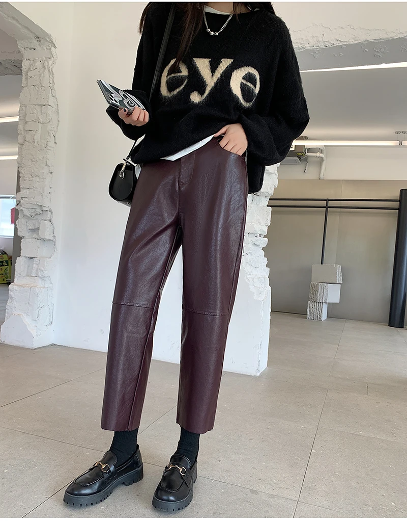 QOERLIN Fall Winter PU Leather Pants Women Elegant High Waist Pockets Faux Leather Harem Pant Female Back Elastic Waist Trousers