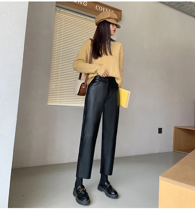 QOERLIN Fall Winter PU Leather Pants Women Elegant High Waist Pockets Faux Leather Harem Pant Female Back Elastic Waist Trousers