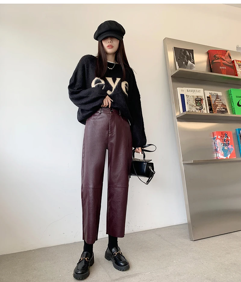 QOERLIN Fall Winter PU Leather Pants Women Elegant High Waist Pockets Faux Leather Harem Pant Female Back Elastic Waist Trousers