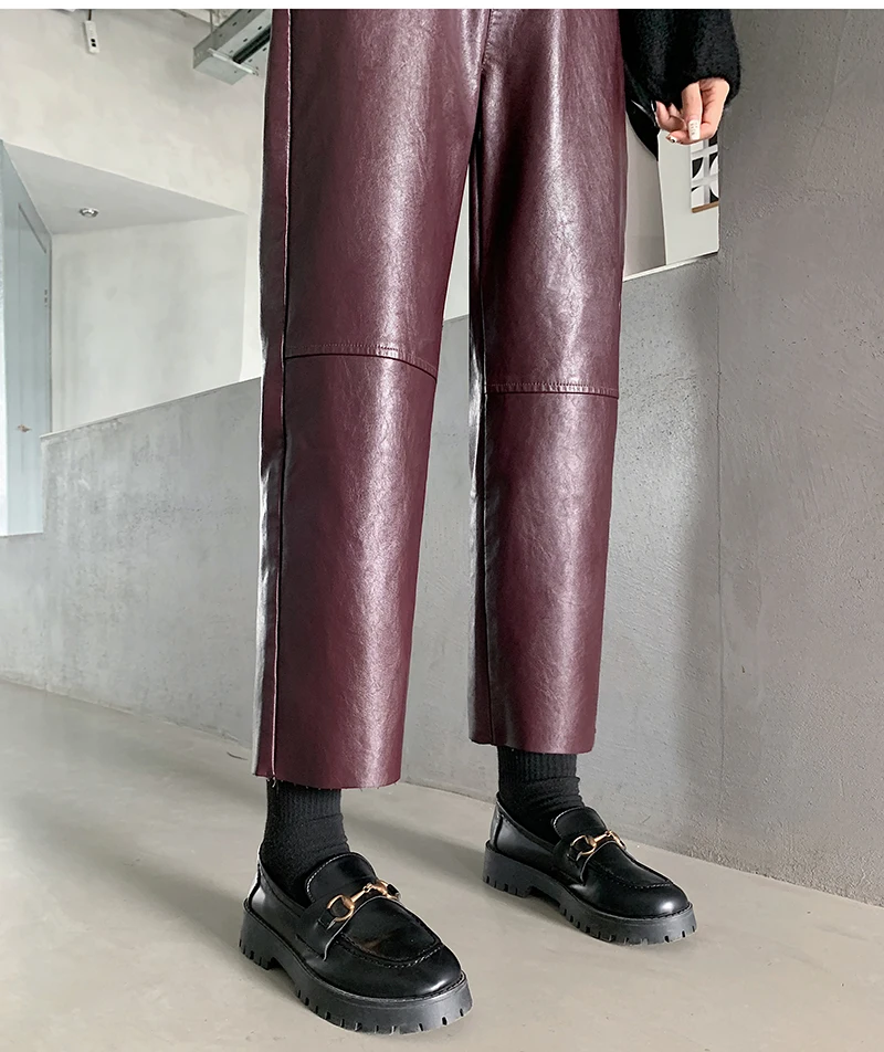 QOERLIN Fall Winter PU Leather Pants Women Elegant High Waist Pockets Faux Leather Harem Pant Female Back Elastic Waist Trousers