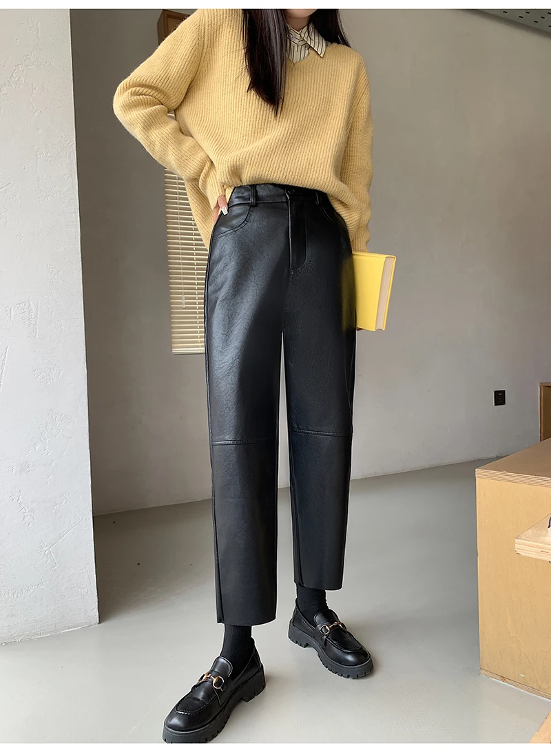 QOERLIN Fall Winter PU Leather Pants Women Elegant High Waist Pockets Faux Leather Harem Pant Female Back Elastic Waist Trousers