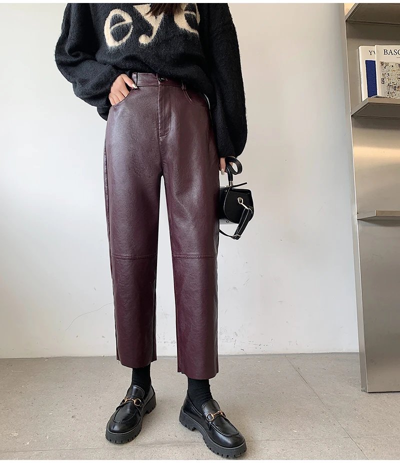 QOERLIN Fall Winter PU Leather Pants Women Elegant High Waist Pockets Faux Leather Harem Pant Female Back Elastic Waist Trousers