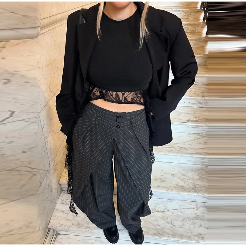 Chic Two Buttons Striped Pleated Trousers Women Loose Pockets Wide Leg Pants Female 2026 Spring Lady Commute All-match Pant New