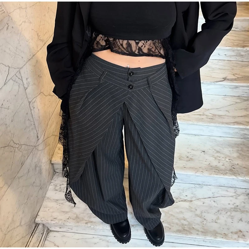 Chic Two Buttons Striped Pleated Trousers Women Loose Pockets Wide Leg Pants Female 2026 Spring Lady Commute All-match Pant New
