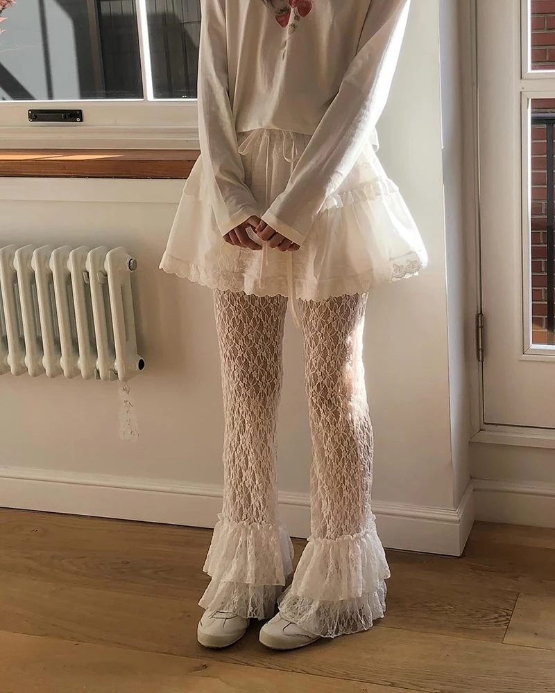 MEXZT Y2K White Lace Flare Pants Women Harajuku Gothic Ruffles Patchwork Black Pants Summer Grunge Korean Fashion Slim Trousers