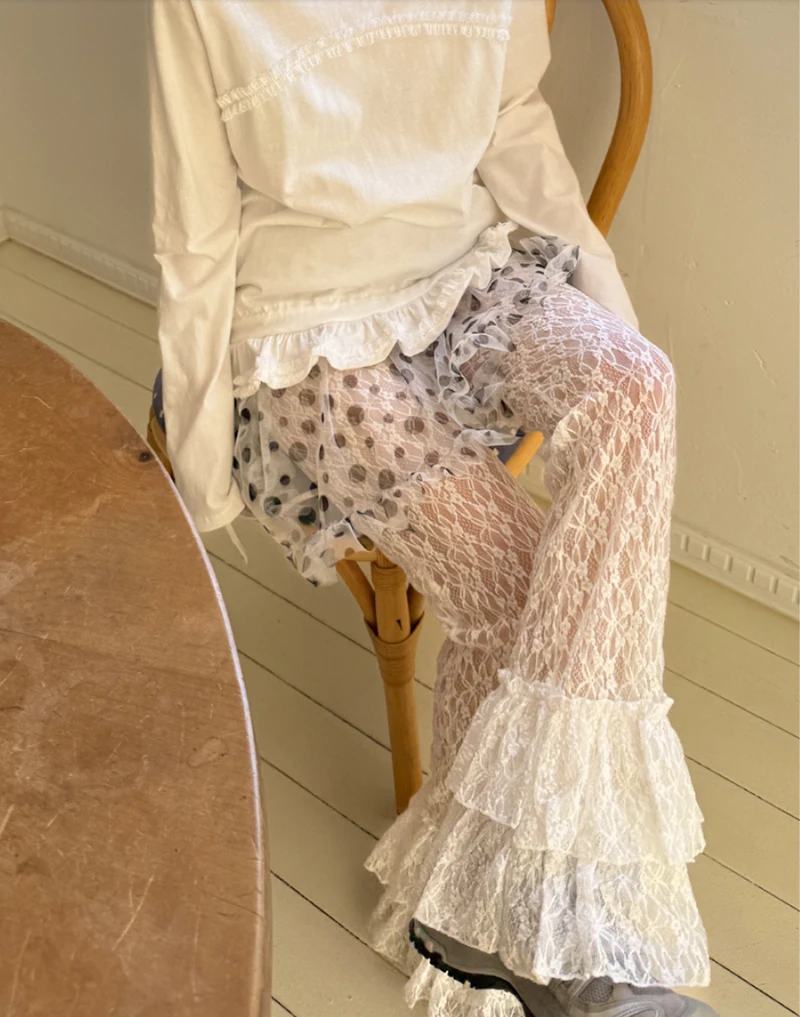 MEXZT Y2K White Lace Flare Pants Women Harajuku Gothic Ruffles Patchwork Black Pants Summer Grunge Korean Fashion Slim Trousers