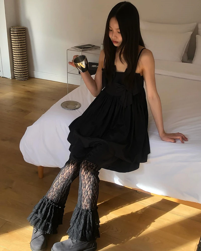 MEXZT Y2K White Lace Flare Pants Women Harajuku Gothic Ruffles Patchwork Black Pants Summer Grunge Korean Fashion Slim Trousers