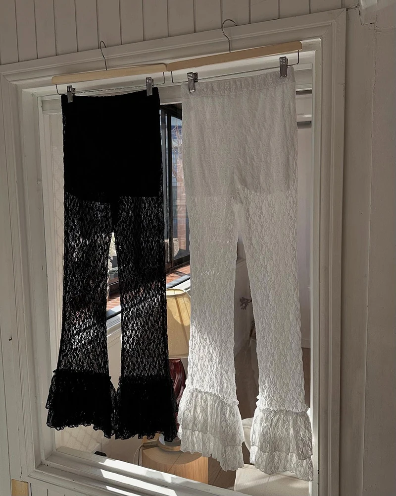 MEXZT Y2K White Lace Flare Pants Women Harajuku Gothic Ruffles Patchwork Black Pants Summer Grunge Korean Fashion Slim Trousers