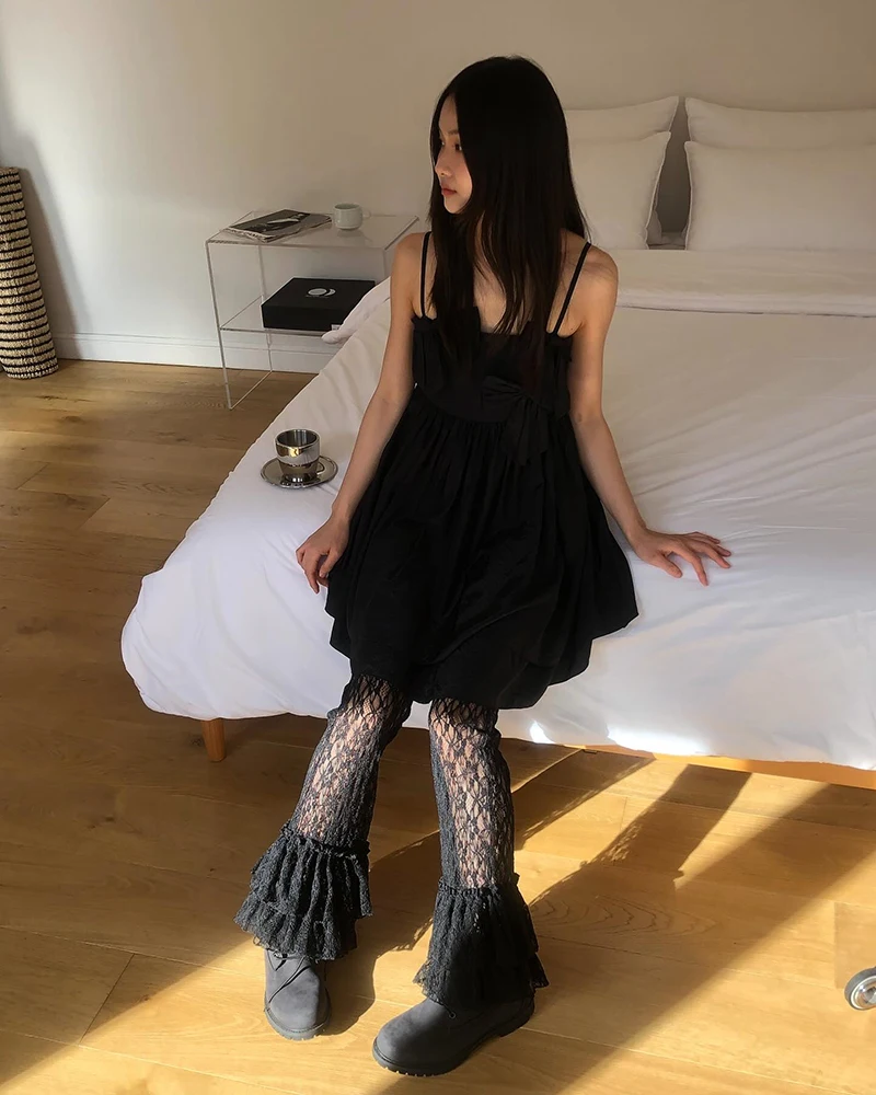 MEXZT Y2K White Lace Flare Pants Women Harajuku Gothic Ruffles Patchwork Black Pants Summer Grunge Korean Fashion Slim Trousers