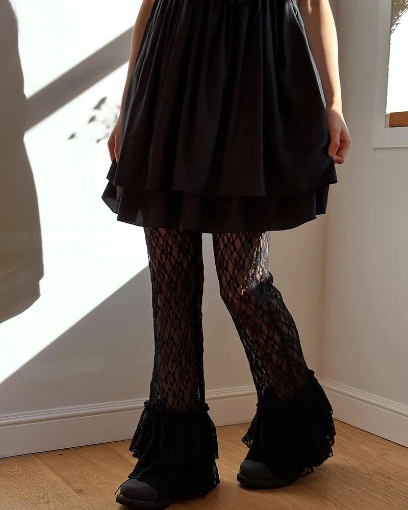 MEXZT Y2K White Lace Flare Pants Women Harajuku Gothic Ruffles Patchwork Black Pants Summer Grunge Korean Fashion Slim Trousers