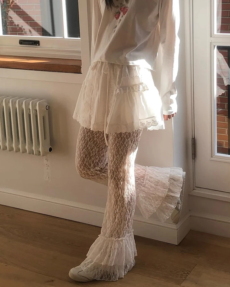 MEXZT Y2K White Lace Flare Pants Women Harajuku Gothic Ruffles Patchwork Black Pants Summer Grunge Korean Fashion Slim Trousers