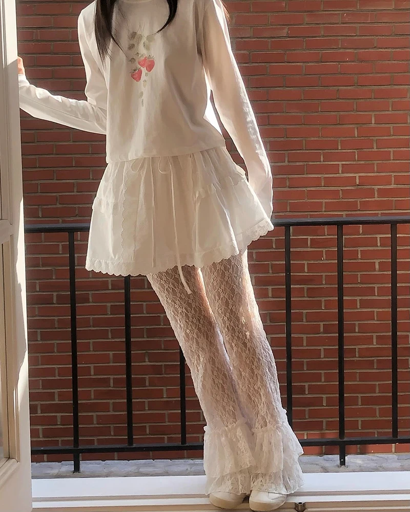 MEXZT Y2K White Lace Flare Pants Women Harajuku Gothic Ruffles Patchwork Black Pants Summer Grunge Korean Fashion Slim Trousers