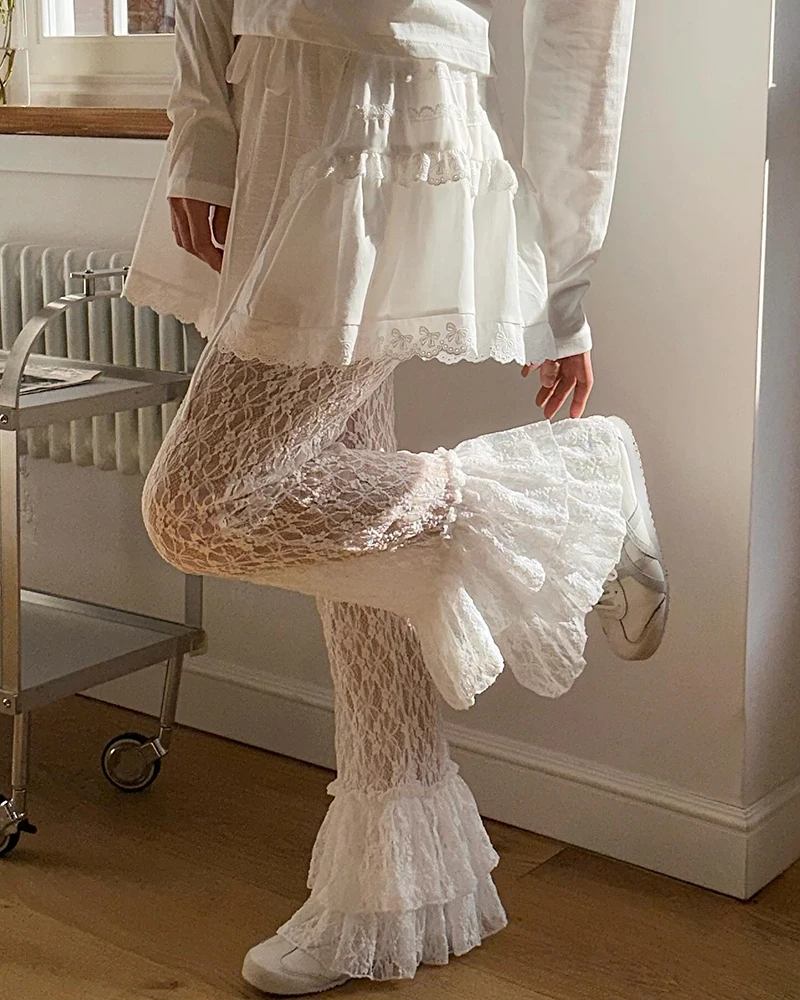 MEXZT Y2K White Lace Flare Pants Women Harajuku Gothic Ruffles Patchwork Black Pants Summer Grunge Korean Fashion Slim Trousers