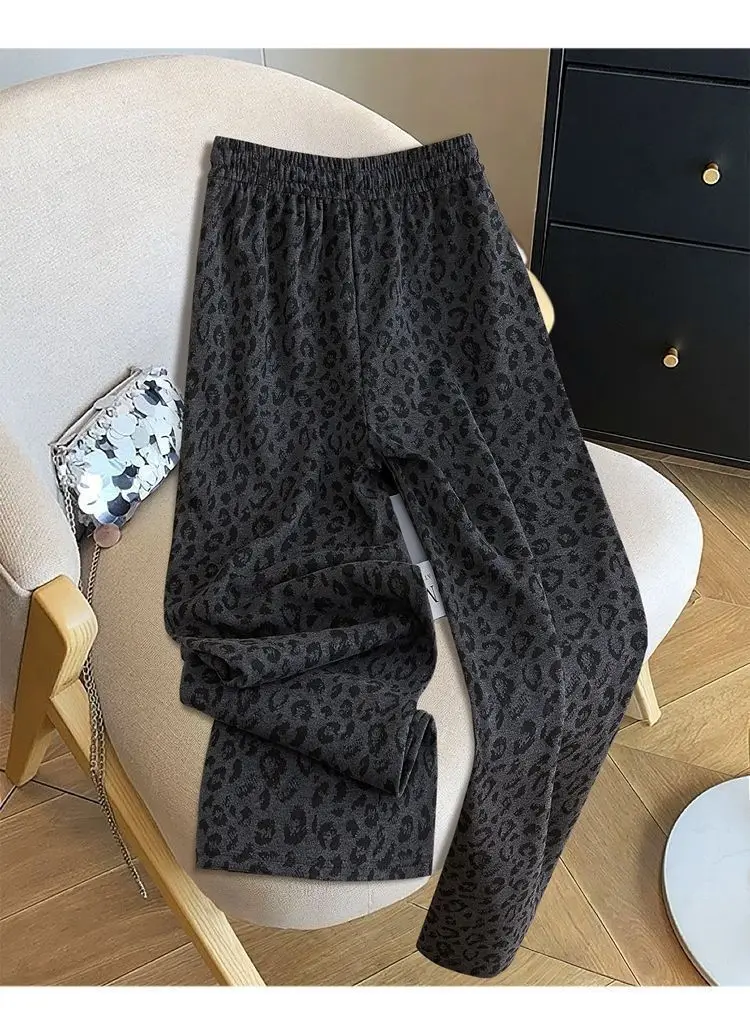 Leopard print wide-leg pants for women high-waisted slimming 2025 new style loose fleece and thickened casual straight-leg pants