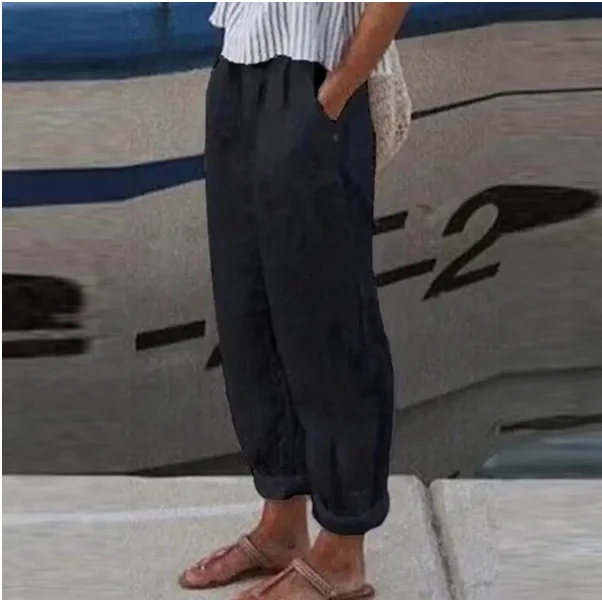 Cotton Linen Solid Women Pants Fashion New Hollow Out Pockets Ladies Casual Streetwear Office Loose Trousers Female