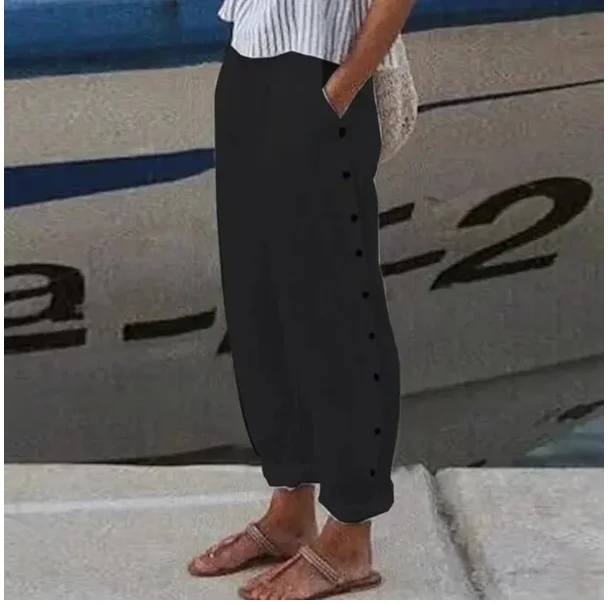 Cotton Linen Solid Women Pants Fashion New Hollow Out Pockets Ladies Casual Streetwear Office Loose Trousers Female