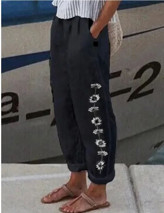 Cotton Linen Solid Women Pants Fashion New Hollow Out Pockets Ladies Casual Streetwear Office Loose Trousers Female
