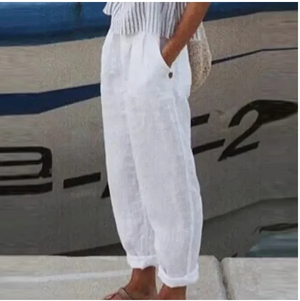 Cotton Linen Solid Women Pants Fashion New Hollow Out Pockets Ladies Casual Streetwear Office Loose Trousers Female