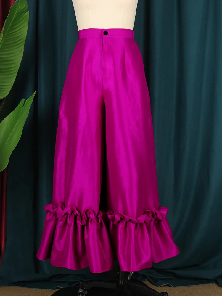 Women Pants High Waist Loose Elegant Shiny Flare Pleated Wide Leg Trendy Long Capris Cocktail Party Bottoms Trim Trousers