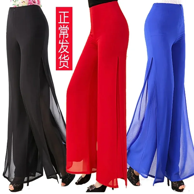 Summer Korean Chiffon Wide Leg Pants Women's Zipper/Elasticity High Waist Split Culottes Pant Chiffon Trousers Dancing Hakama