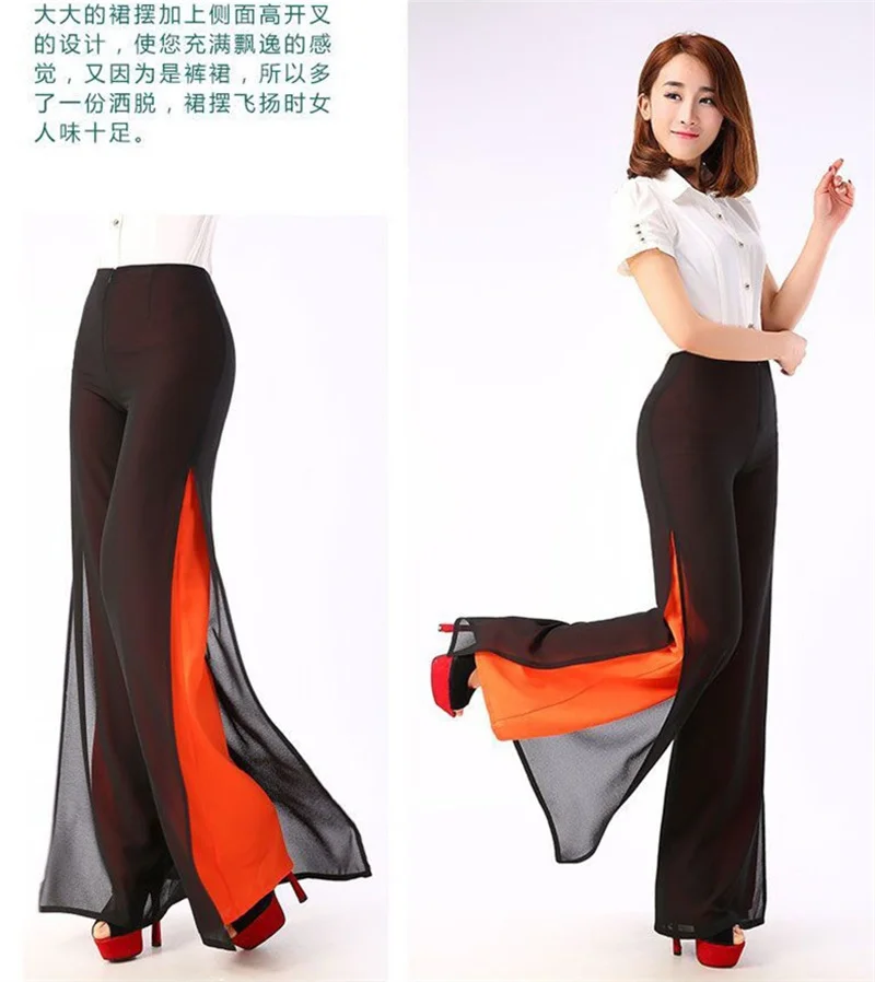 Summer Korean Chiffon Wide Leg Pants Women's Zipper/Elasticity High Waist Split Culottes Pant Chiffon Trousers Dancing Hakama