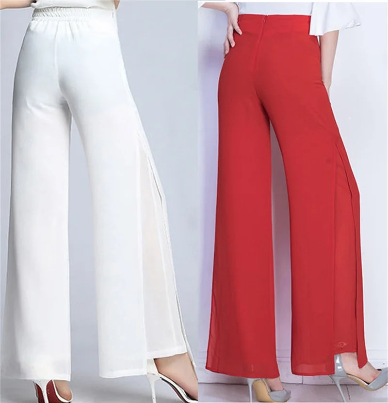 Summer Korean Chiffon Wide Leg Pants Women's Zipper/Elasticity High Waist Split Culottes Pant Chiffon Trousers Dancing Hakama