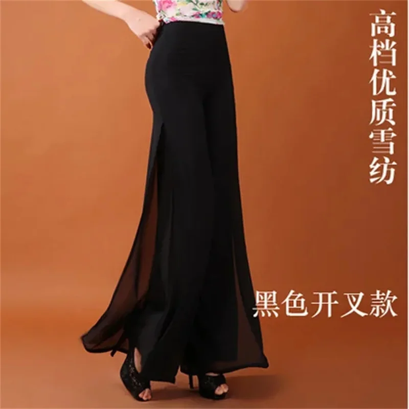 Summer Korean Chiffon Wide Leg Pants Women's Zipper/Elasticity High Waist Split Culottes Pant Chiffon Trousers Dancing Hakama