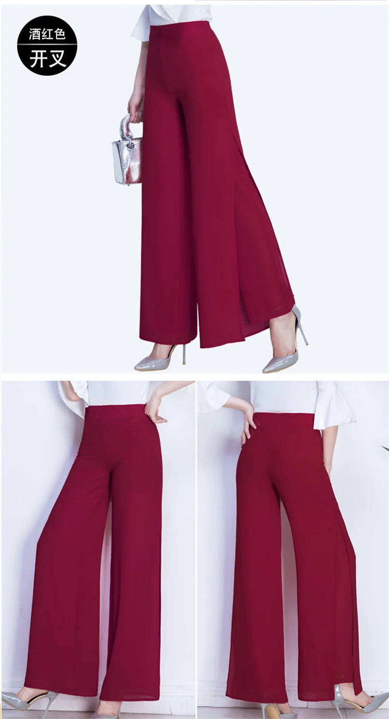 Summer Korean Chiffon Wide Leg Pants Women's Zipper/Elasticity High Waist Split Culottes Pant Chiffon Trousers Dancing Hakama