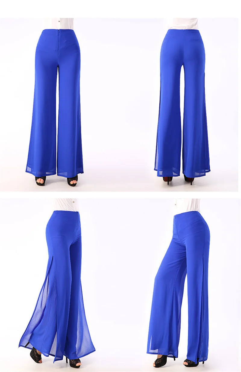 Summer Korean Chiffon Wide Leg Pants Women's Zipper/Elasticity High Waist Split Culottes Pant Chiffon Trousers Dancing Hakama