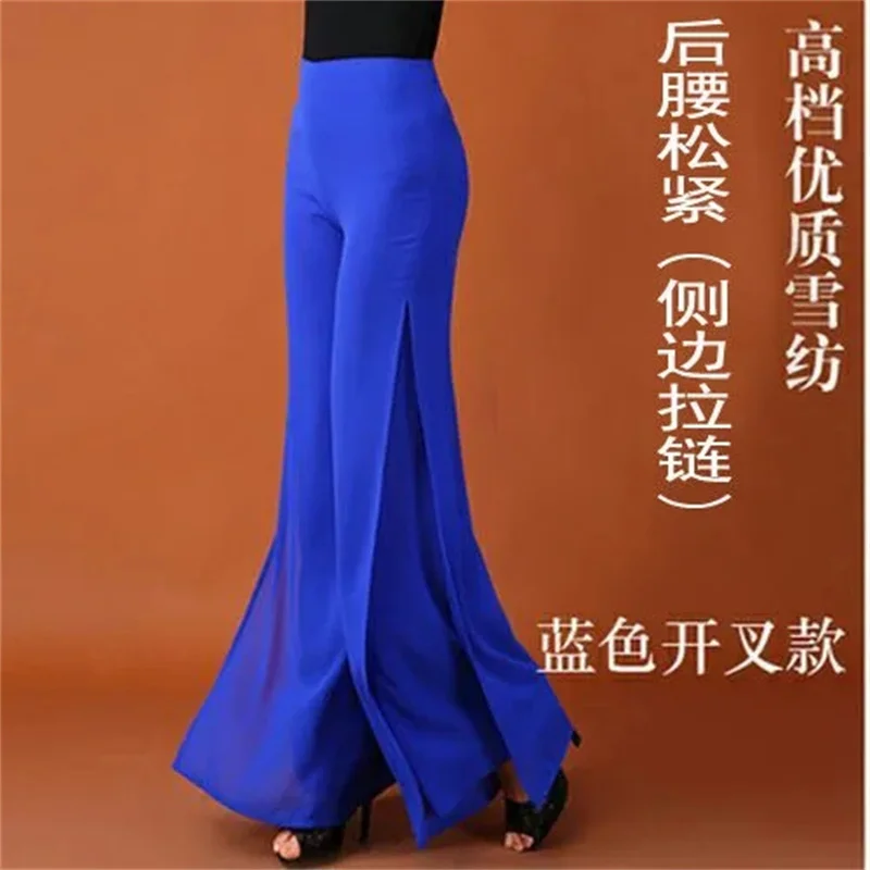 Summer Korean Chiffon Wide Leg Pants Women's Zipper/Elasticity High Waist Split Culottes Pant Chiffon Trousers Dancing Hakama