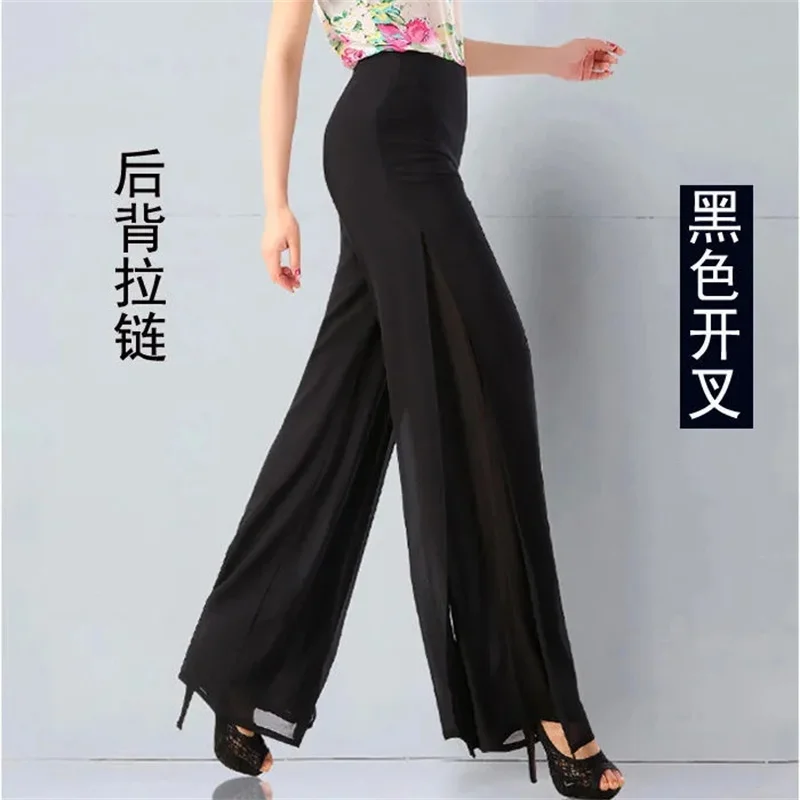 Summer Korean Chiffon Wide Leg Pants Women's Zipper/Elasticity High Waist Split Culottes Pant Chiffon Trousers Dancing Hakama