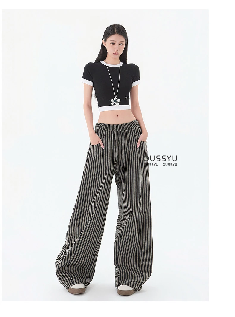 Summer Luxury Linen Fabric Stripe Casual Pants Women Loose Wide Leg Floor Pant Female Fashion Trend Cozy Trousers Girl XS-XXL
