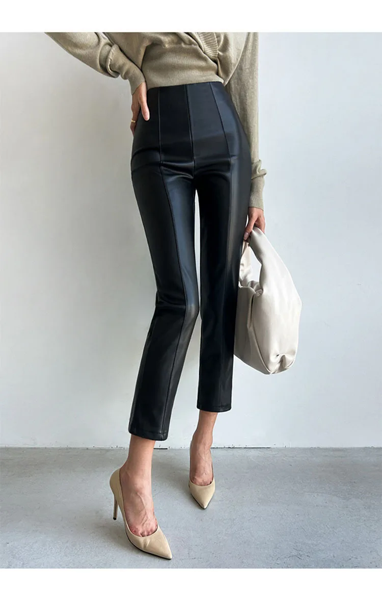 PU Autumn Winter Leather Pencil Pant Women Bodycon Fashion Office High Waist Ladies Trousers Casual Woman Pants