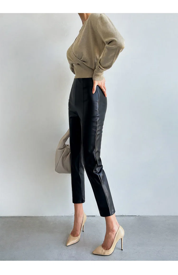 PU Autumn Winter Leather Pencil Pant Women Bodycon Fashion Office High Waist Ladies Trousers Casual Woman Pants