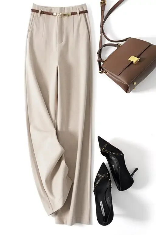 Wool Pants Women 20234New Fashion Office Ladies High Waist Wide Leg Pants Casual Loose Solid Straight Full Length Pants