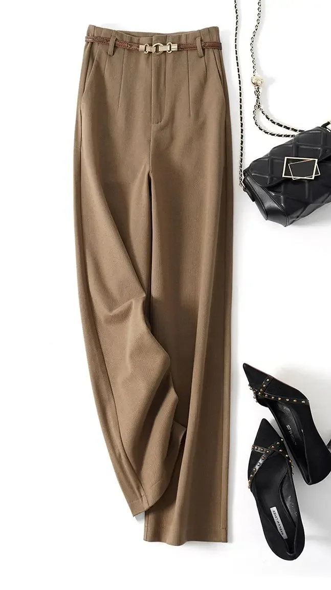 Wool Pants Women 20234New Fashion Office Ladies High Waist Wide Leg Pants Casual Loose Solid Straight Full Length Pants