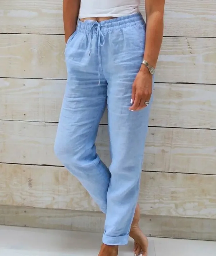 Summer Cotton Linen Pants Women 2026 High Waist Elastic Casual Trousers Streetwear Female Bottoms Drawstring Loose Pencil Pants
