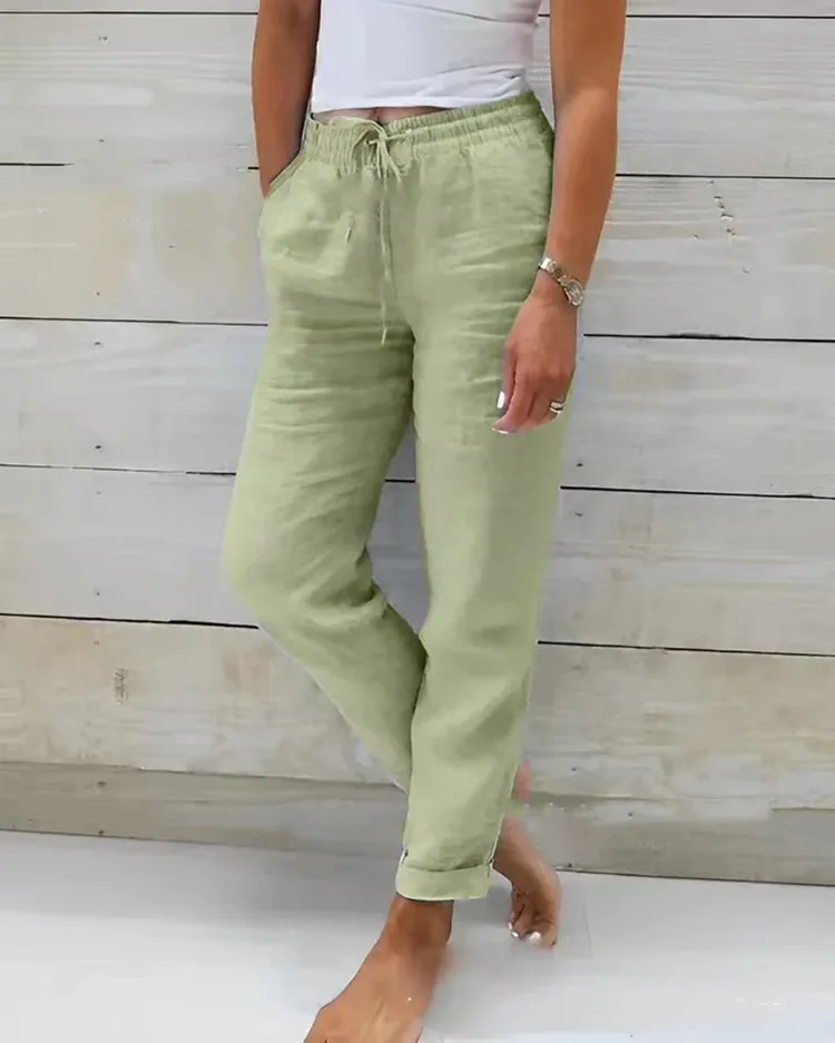 Summer Cotton Linen Pants Women 2026 High Waist Elastic Casual Trousers Streetwear Female Bottoms Drawstring Loose Pencil Pants