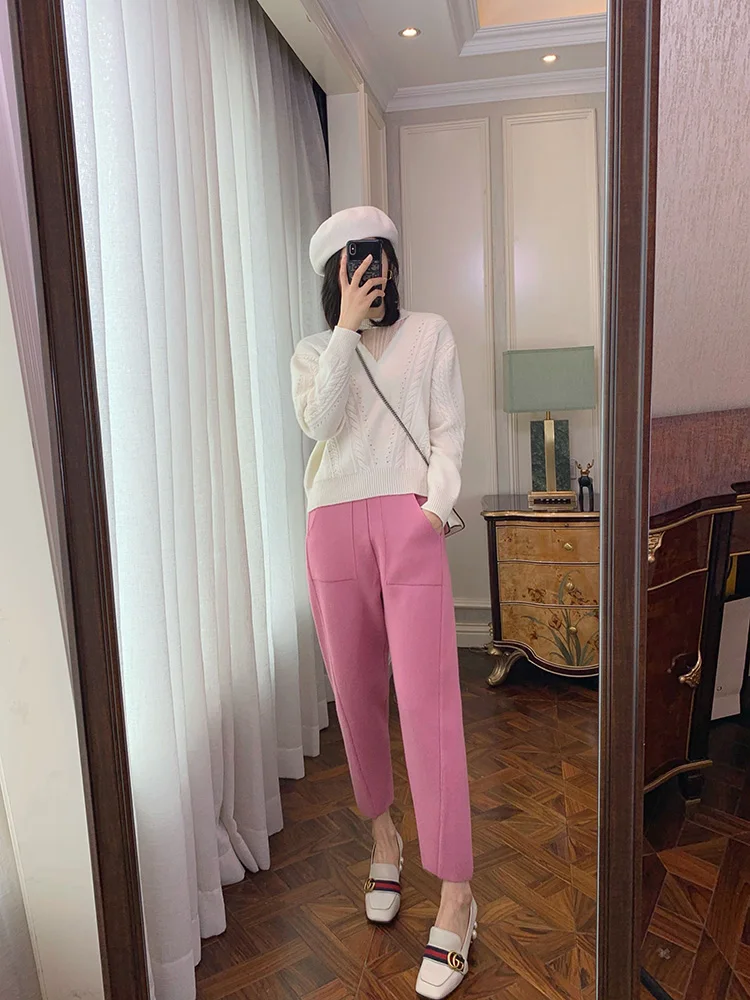 2023 New Spring and Autumn Loose Straight Wide-Leg Pants Casual White Knitted Fabric Baggy Pants Women's
