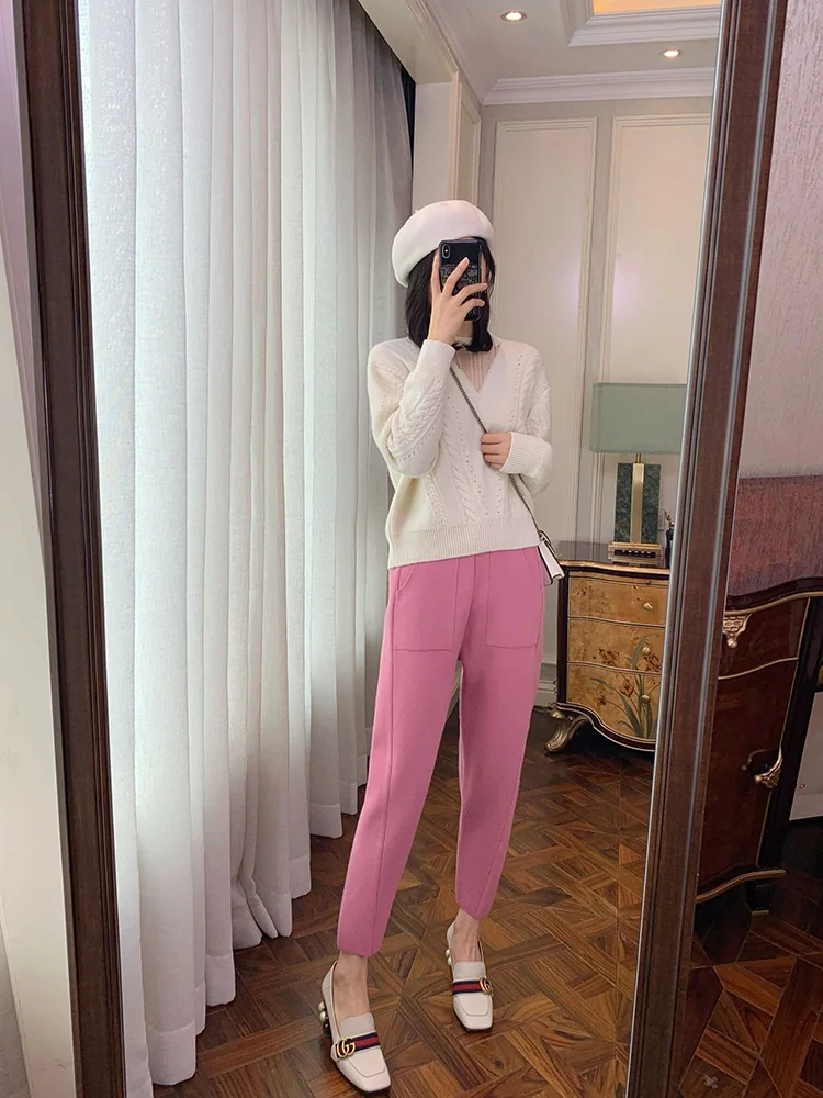 2023 New Spring and Autumn Loose Straight Wide-Leg Pants Casual White Knitted Fabric Baggy Pants Women's