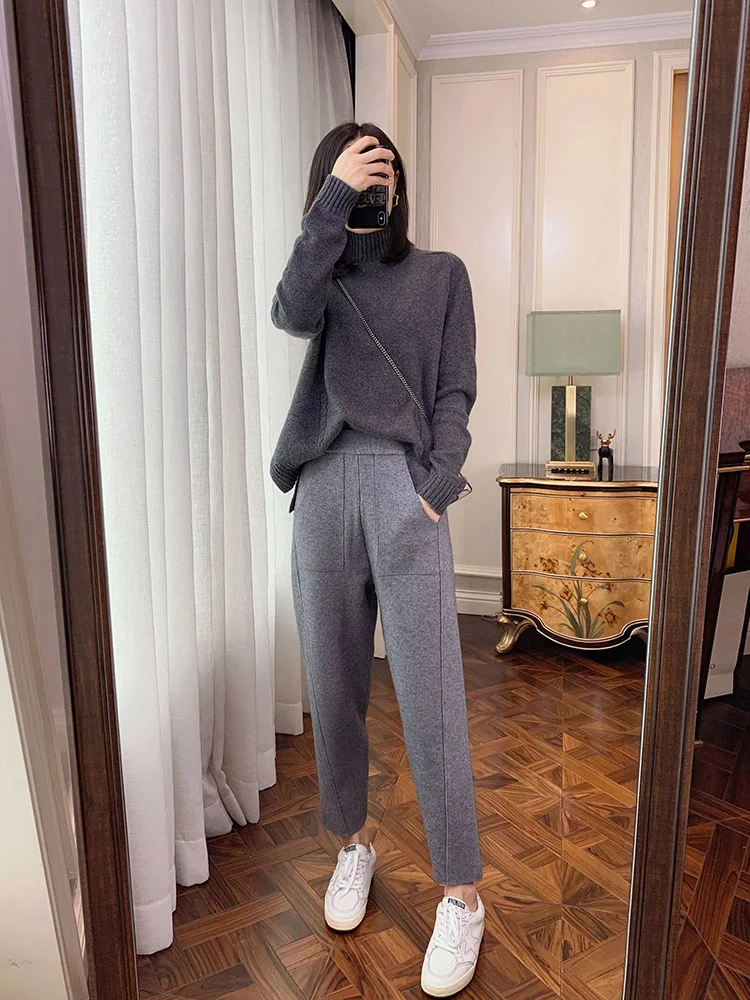 2023 New Spring and Autumn Loose Straight Wide-Leg Pants Casual White Knitted Fabric Baggy Pants Women's