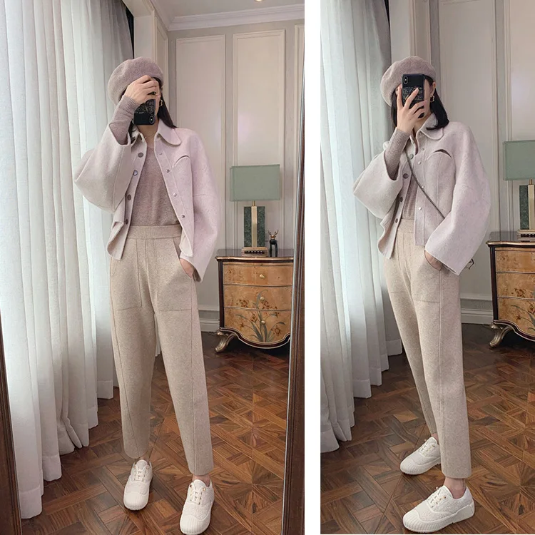 2023 New Spring and Autumn Loose Straight Wide-Leg Pants Casual White Knitted Fabric Baggy Pants Women's