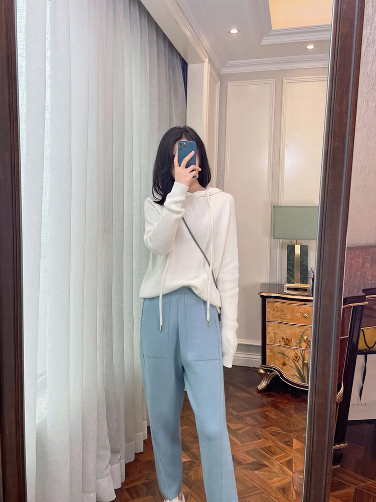 2023 New Spring and Autumn Loose Straight Wide-Leg Pants Casual White Knitted Fabric Baggy Pants Women's