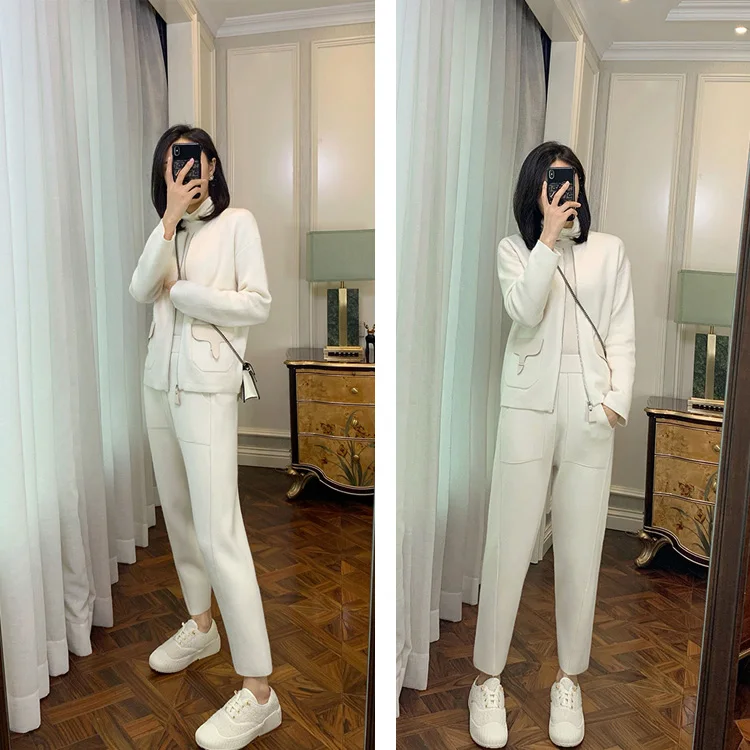 2023 New Spring and Autumn Loose Straight Wide-Leg Pants Casual White Knitted Fabric Baggy Pants Women's
