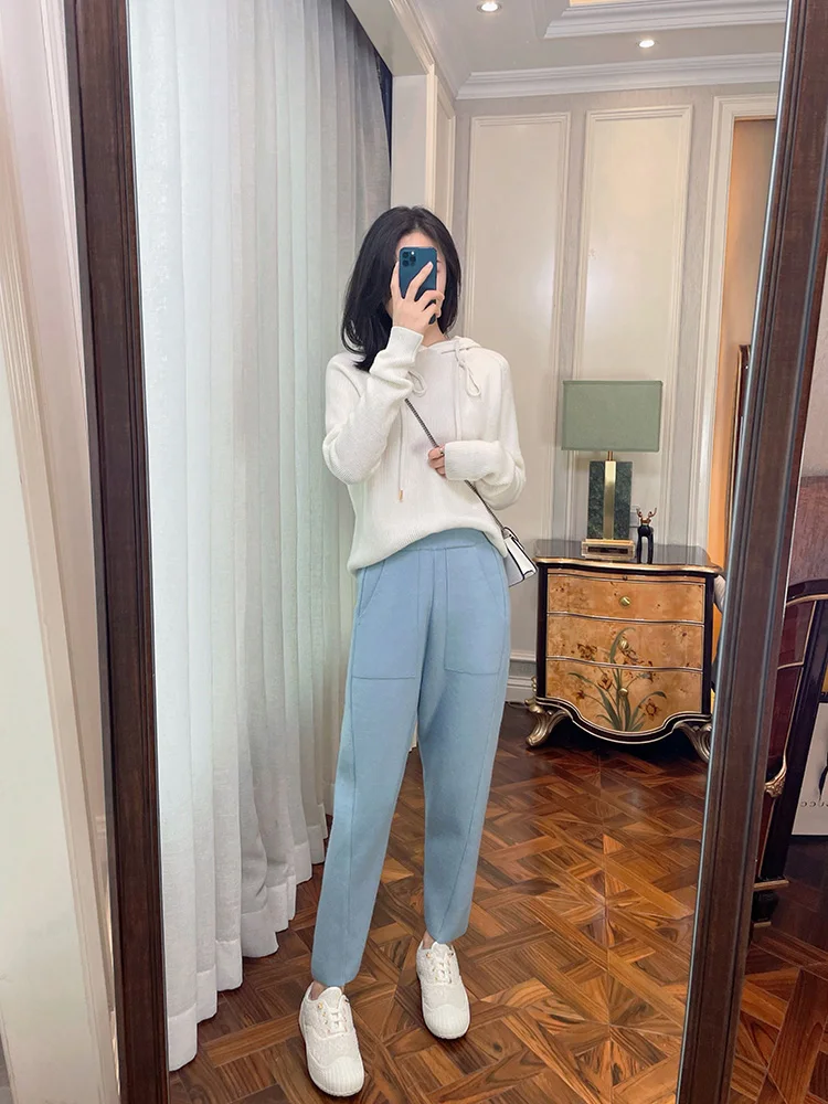 2023 New Spring and Autumn Loose Straight Wide-Leg Pants Casual White Knitted Fabric Baggy Pants Women's