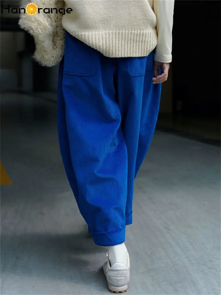 HanOrange 2026 Autumn Winter Lazy Arc Corduroy Wide Leg Pants Women Elastic Waist Loose Casual Comfortable Trousers Female