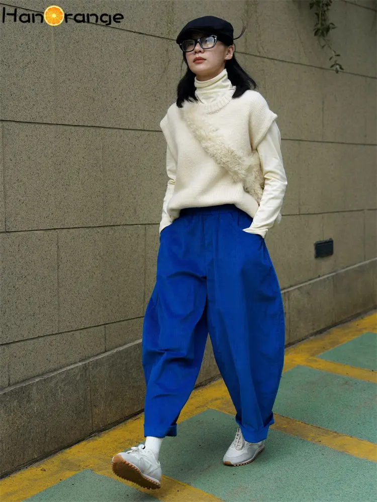 HanOrange 2026 Autumn Winter Lazy Arc Corduroy Wide Leg Pants Women Elastic Waist Loose Casual Comfortable Trousers Female